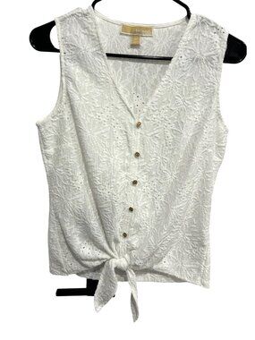 Michael Kors Small White Sleeveless Floral Eyelet Button Tie Front Boho Chic